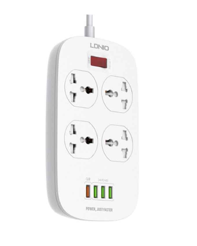 LDNIO SC4407 Power Strip With 4 Socket Outlets and 4 USB Port + Overload Protection QC 3.0 - White