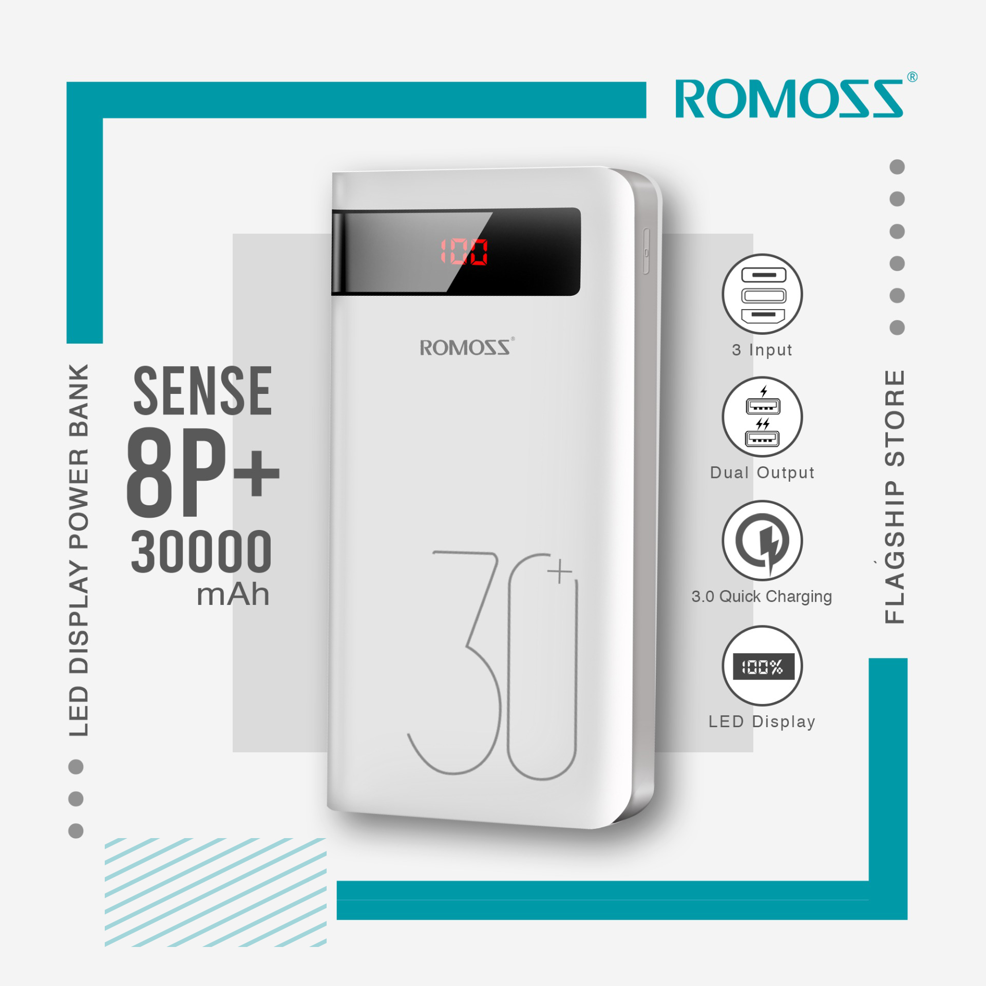 Romoss Slim10 With Led 10000mah Light & Handheld Micro And Type C Input,2 Output Powerbank