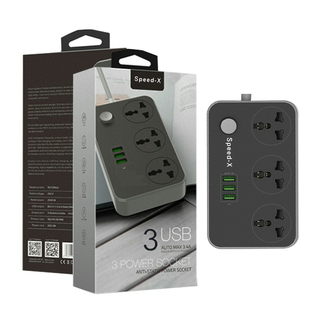 Speed-X Power Universal Travel 3 Socket + 3usb