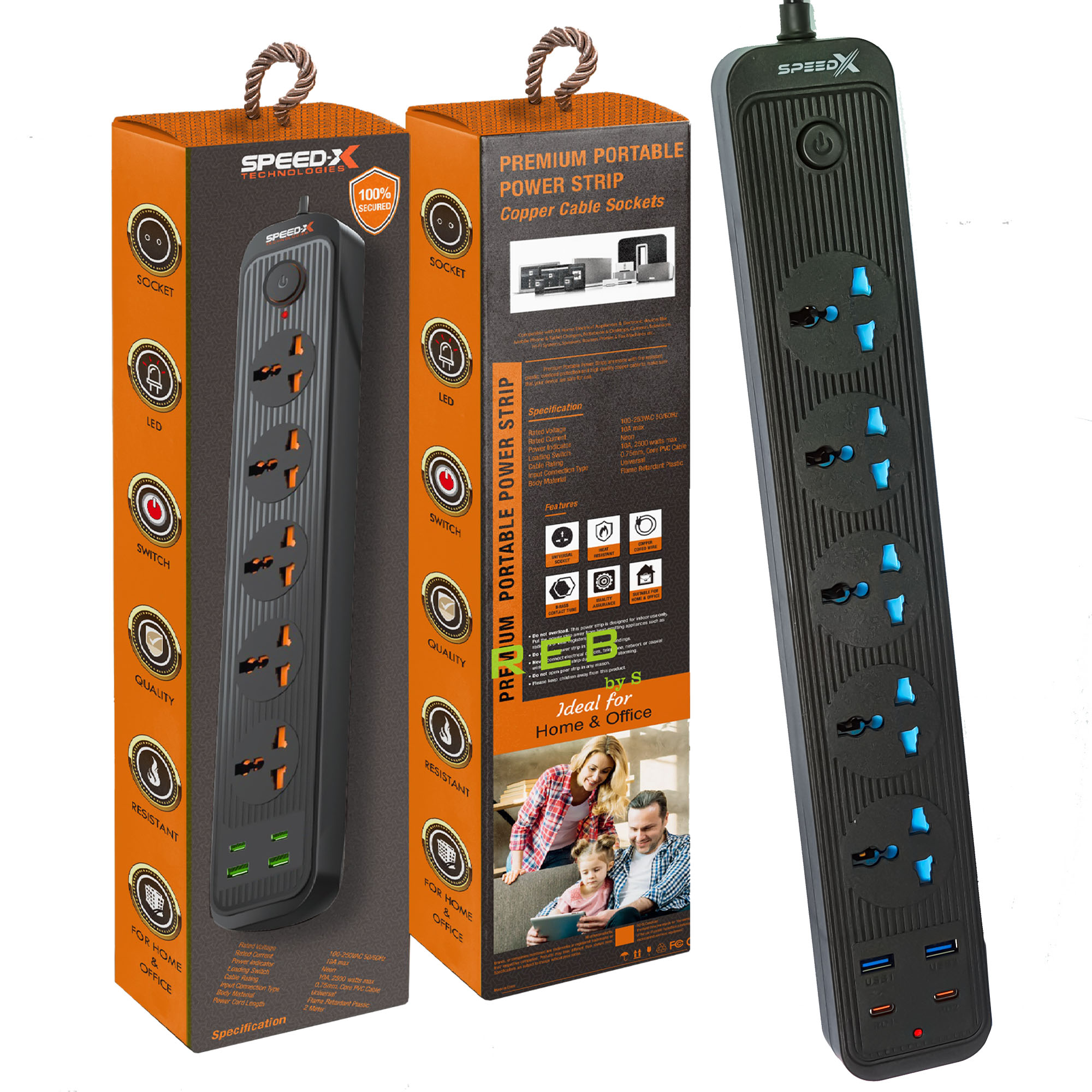 504pu Speed-X Premium Portable Power Strip 5socket+2usb Port+2 Type C Usb